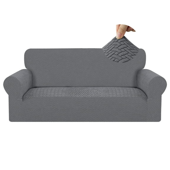 Debonair Stretch Jacquard Couch Cover with 1 Pillowcase, 1-Piece Soft Sofa Cover, Sofa Slipcover with Anti-Slip Foams, Washable Furniture Protector for Pets (Loveseat, Dark Gray)