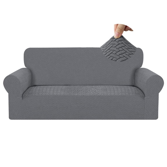 Debonair Stretch Jacquard Couch Cover with 1 Pillowcase, 1-Piece Soft Sofa Cover, Sofa Slipcover with Anti-Slip Foams, Washable Furniture Protector for Pets (Loveseat, Dark Gray)