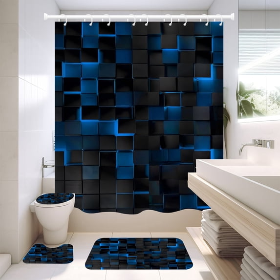 NEWEEN 4 Pcs Bathroom Shower Curtain Set,Durable Bathroom Decor Set with Rugs(Bath Mat,U Shape and Toilet Lid Cover Mat) and 12 Hooks, 3D Cubes Modern Bathroom Sets