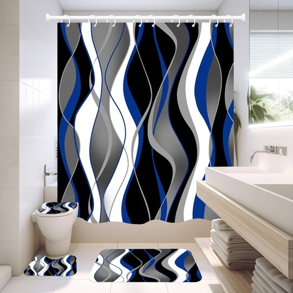 NEWEEN 4 Pcs Bathroom Shower Curtain Set,Durable Bathroom Decor Set with Rugs(Bath Mat,U Shape and Toilet Lid Cover Mat) and 12 Hooks,Blue and Black Striped