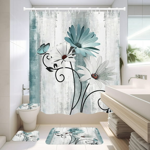 Debonair 4 Pcs Bathroom Shower Curtain Set,Durable Bathroom Decor Set with Rugs(Bath Mat,U Shape and Toilet Lid Cover Mat) and 12 Hooks,Farm Teal Daisy Floral