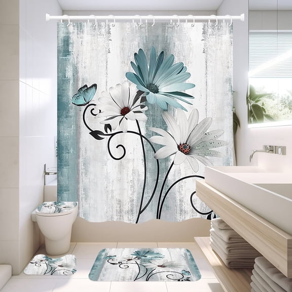NEWEEN 4 Pcs Bathroom Shower Curtain Set,Durable Bathroom Decor Set with Rugs(Bath Mat,U Shape and Toilet Lid Cover Mat) and 12 Hooks,Farm Teal Daisy Floral
