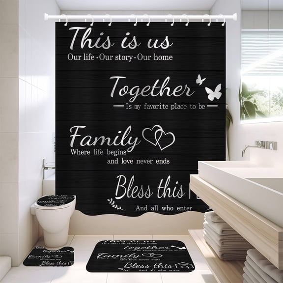 NEWEEN 4 Pcs Bathroom Shower Curtain Set,Durable Bathroom Decor Set with Rugs(Bath Mat,U Shape and Toilet Lid Cover Mat) and 12 Hooks, Farmhouse Rustic