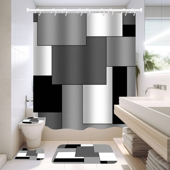 NEWEEN 4 Pcs Bathroom Shower Curtain Set,Durable Bathroom Decor Set with Rugs(Bath Mat,U Shape and Toilet Lid Cover Mat) and 12 Hooks, Modern Abstract Shower Curtain Set