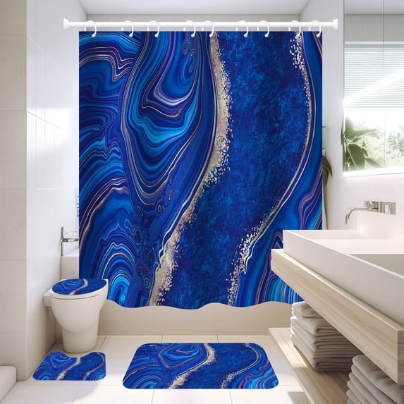 NEWEEN 4 Pcs Bathroom Shower Curtain Set,Durable Bathroom Decor Set with Rugs(Bath Mat,U Shape and Toilet Lid Cover Mat) and 12 Hooks,Navy Blue Gold Marble Shower Curtain Sets