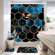 NEWEEN 4 Pcs Bathroom Shower Curtain Set,Durable Bathroom Decor Set with Rugs(Bath Mat,U Shape and Toilet Lid Cover Mat) and 12 Hooks,Sky Blue Honeycomb Marble