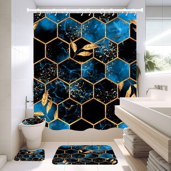 NEWEEN 4 Pcs Bathroom Shower Curtain Set,Durable Bathroom Decor Set with Rugs(Bath Mat,U Shape and Toilet Lid Cover Mat) and 12 Hooks,Sky Blue Honeycomb Marble