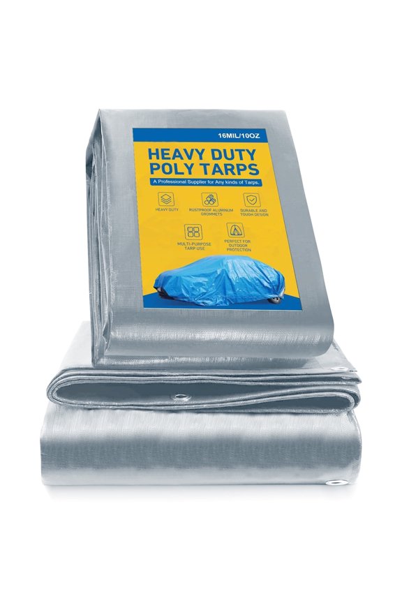 6' x 10' Super Heavy Duty 10 Mil Gray Poly Tarp Cover - Thick Waterproof, UV Resistant, Rip and Tear Proof Tarpaulin with Grommets and Reinforced Edges