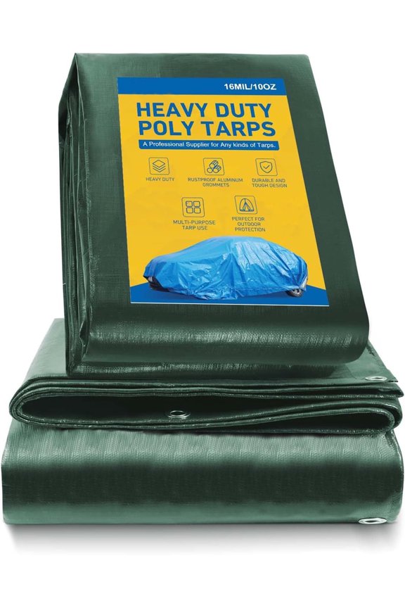 6' x 10' Super Heavy Duty 10 Mil Green Poly Tarp Cover - Thick Waterproof, UV Resistant, Rip and Tear Proof Tarpaulin with Grommets and Reinforced Edges