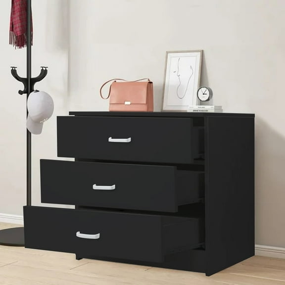 Debonair Black 3 Drawer Dresser, Chest of Drawers for Bedroom, Modern Storage Cabinet Dresser Organizer Unit with Handle for Living Room, Closet, Hallway