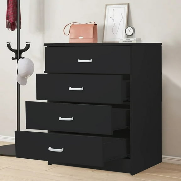 Debonair Black 4 Drawer Dresser, Chest of Drawers for Bedroom, Modern Storage Cabinet Dresser Organizer Unit with Handle for Living Room, Closet, Hallway