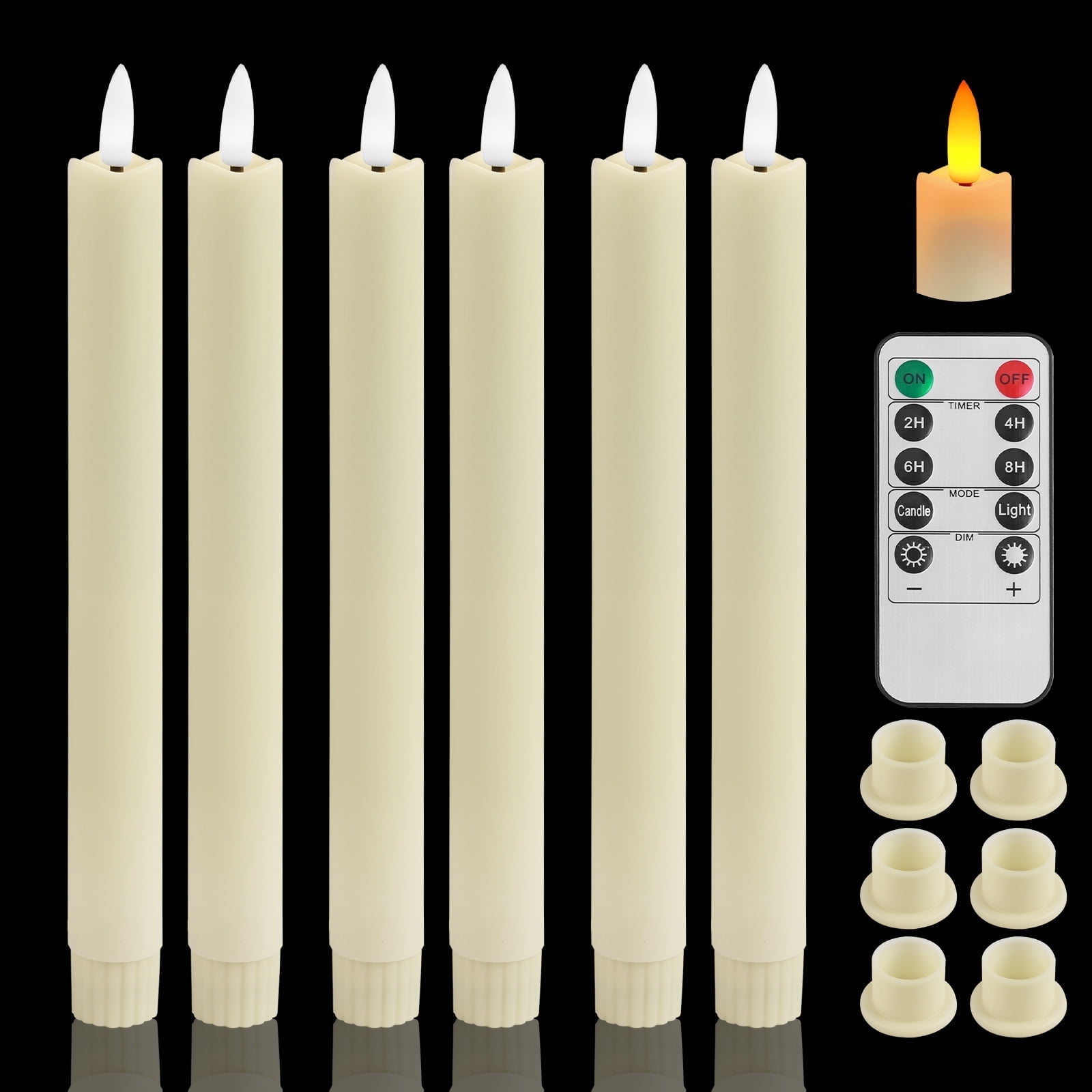Debonair Flameless Taper Candles Flickering with Remote Timer, Battery Operated Led Warm 3D Wick Light Window Ivory Fake Candlesticks Real Wax Pack of 6, Christmas Home Wedding Decor(0.8X9.8Inch)