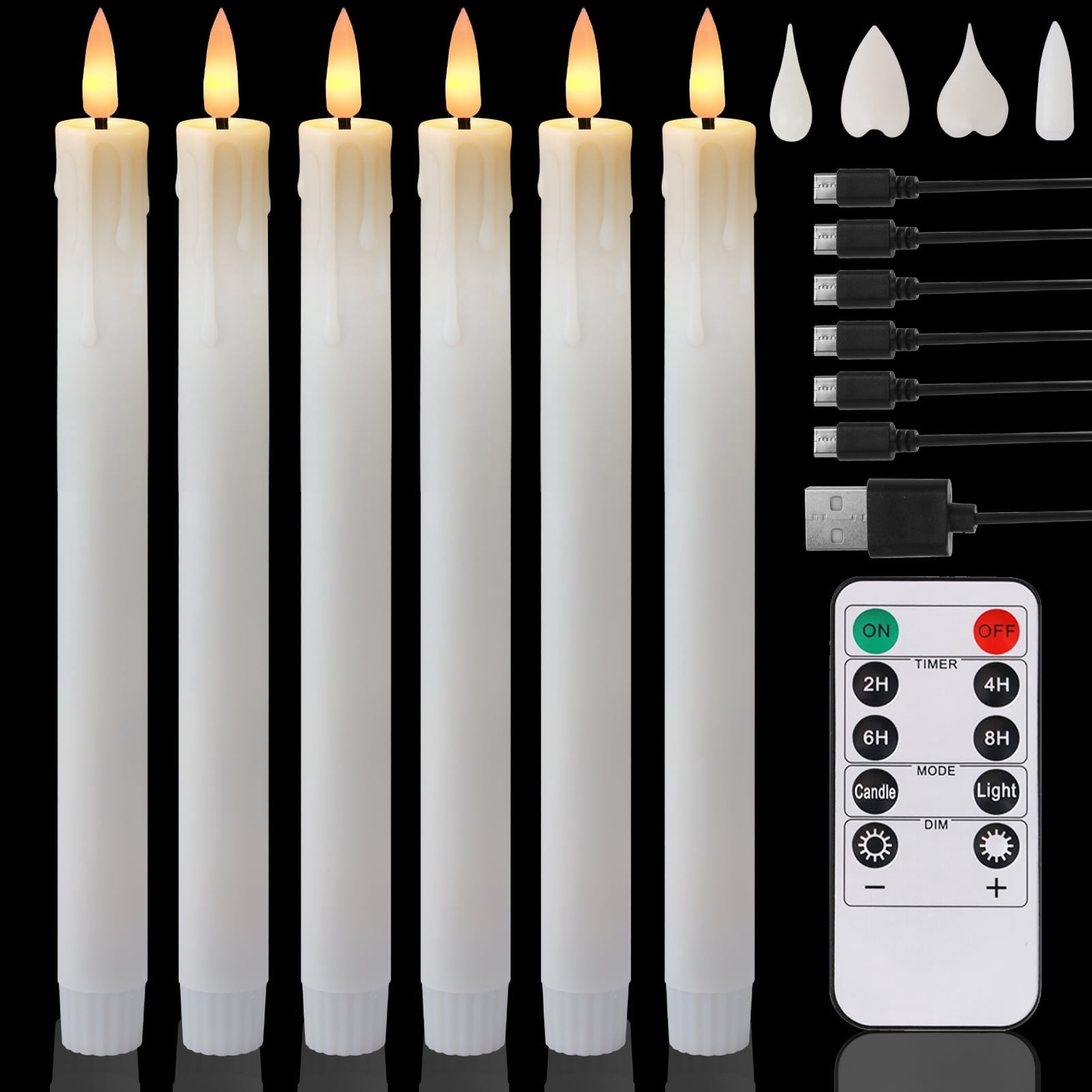 Debonair Flameless Taper Candles Flickering with Remote Timer, Rechargeable Led Warm 3D Wick Dripping-Wax Light Window White Fake Candlesticks Real Wax Pack of 6, Christmas Home Wedding Decor