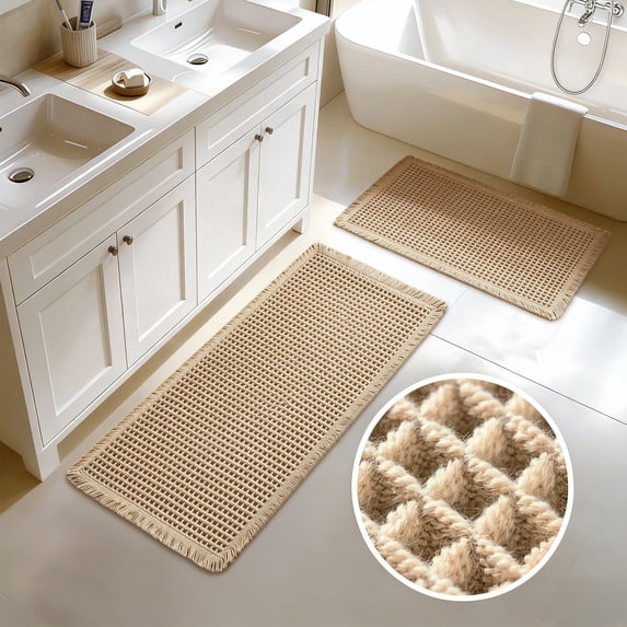 YOCWUCK Set of 2 Waffle Bathroom Rugs Ultra-Soft Non-Slip Bath Mat Super Absorbent Quick Dry Bath Rugs for Bathroom Floor Machine Washable Bathroom Mats with Tassels Boho Bathroom Decor