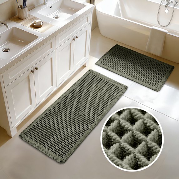 Debonair Set of 2 Waffle Bathroom Rugs Ultra-Soft Non-Slip Bath Mat Super Absorbent Quick Dry Bath Rugs for Bathroom Floor Machine Washable Bathroom Mats with Tassels Boho Bathroom Decor