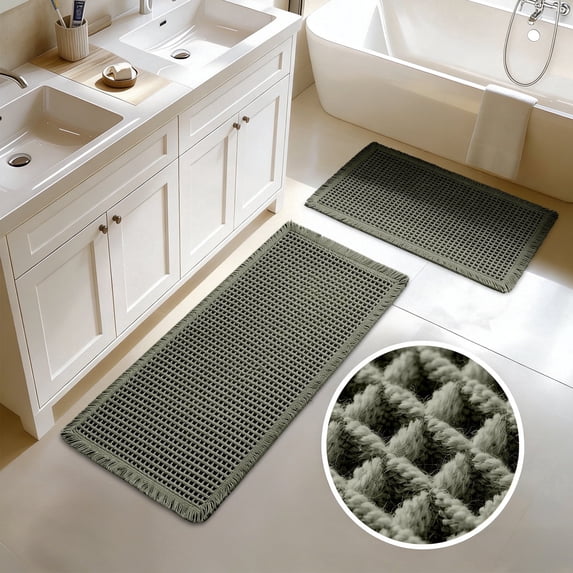 NEWEEN Set of 2 Waffle Bathroom Rugs Ultra-Soft Non-Slip Bath Mat Super Absorbent Quick Dry Bath Rugs for Bathroom Floor Machine Washable Bathroom Mats with Tassels Boho Bathroom Decor
