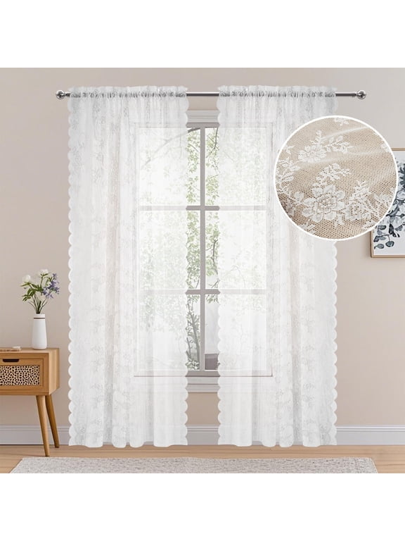 Sheer Lace Curtains Vintage Floral for Living Room Sets Rod Pocket,40"Wx78"L,Single Panel,White