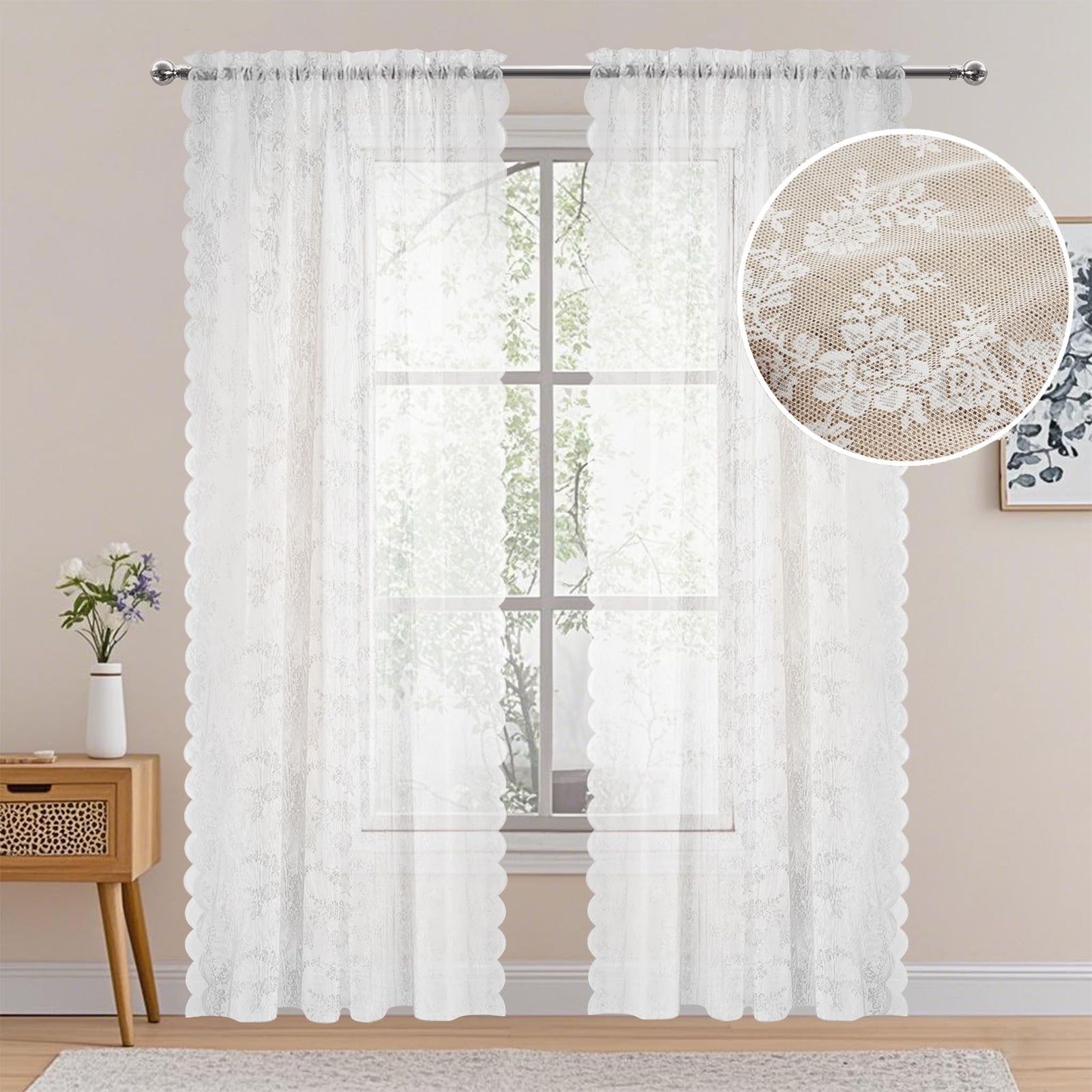 Debonair Sheer Lace Curtains Vintage Floral for Living Room Sets Rod Pocket,57"Wx108"L,2 Panels,White