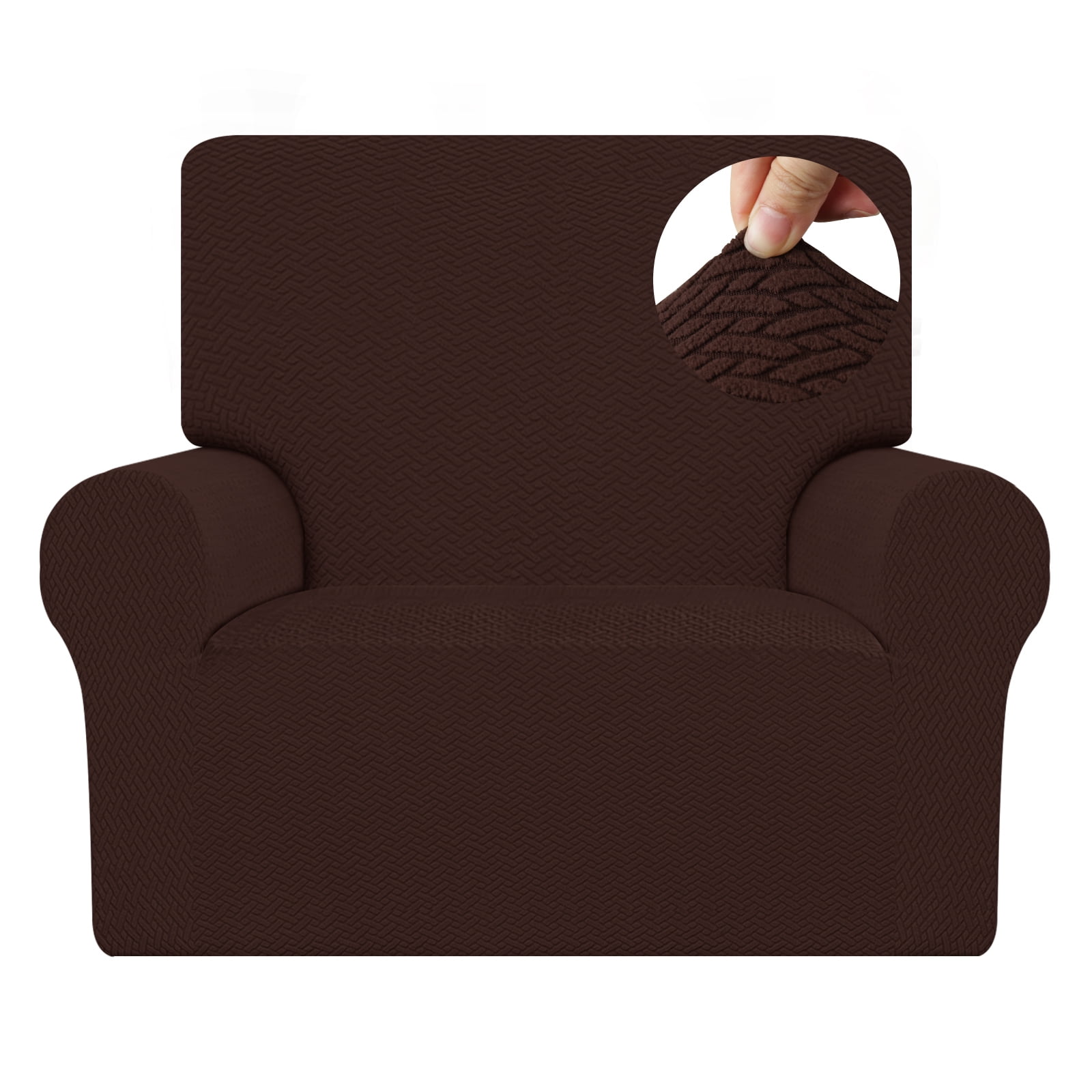 Debonair Stretch Jacquard Couch Cover with 1 Pillowcase, 1-Piece Soft Sofa Cover, Sofa Slipcover with Anti-Slip Foams, Washable Furniture Protector for Pets (Chair, Chocolate)