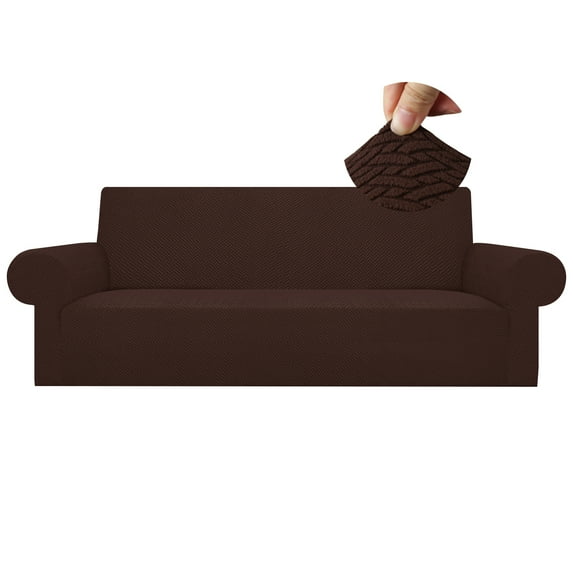 Debonair Stretch Jacquard Couch Cover with 1 Pillowcase, 1-Piece Soft Sofa Cover, Sofa Slipcover with Anti-Slip Foams, Washable Furniture Protector for Pets (Sofa, Chocolate)