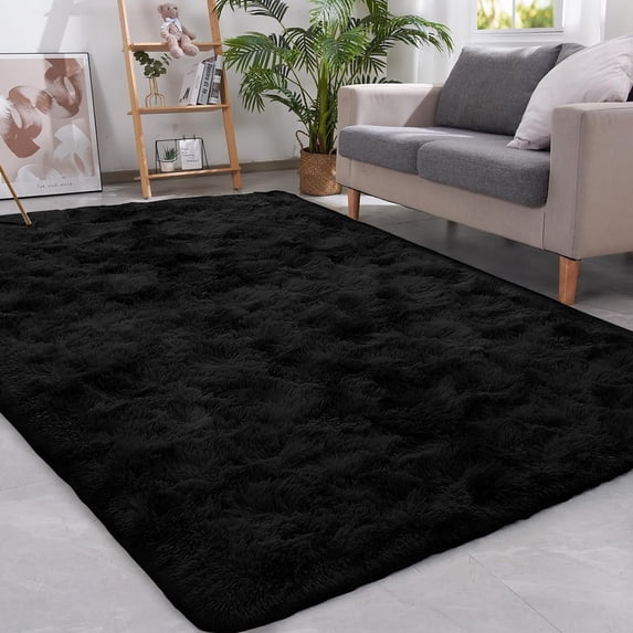 Debonair Super Soft Shaggy Rugs Fluffy Carpets 4x5.3 Feet Indoor Modern Plush Area Rugs for Living Room Bedroom Home Decor Upgrade Anti-Skid Rectangular Fuzzy Rug, Black