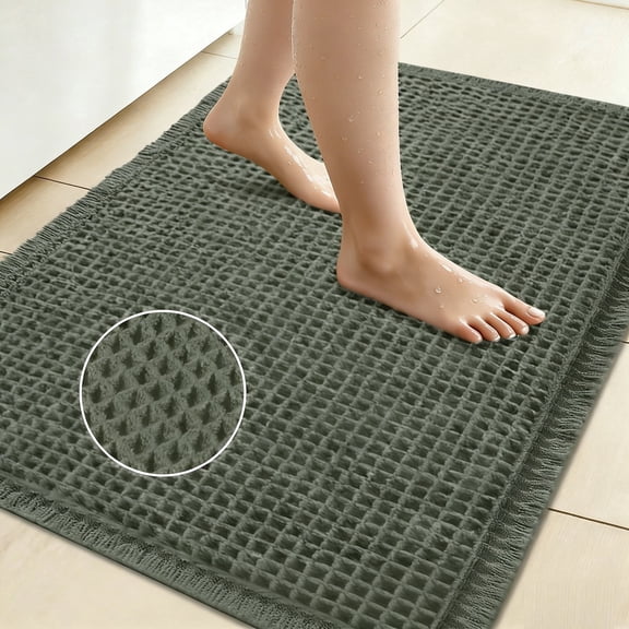 NEWEEN Waffle Bathroom Rugs Ultra-Soft Non-Slip Bath Mat Super Absorbent Quick Dry Bath Rugs for Bathroom Floor Machine Washable Bathroom Mats with Tassels Boho Bathroom Decor 17"x24" Green