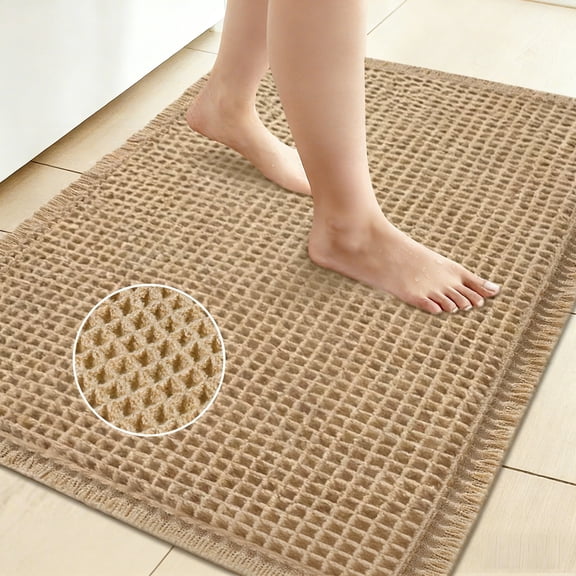 YOCWUCK Waffle Bathroom Rugs Ultra-Soft Non-Slip Bath Mat Super Absorbent Quick Dry Bath Rugs for Bathroom Floor Machine Washable Bathroom Mats with Tassels Boho Bathroom Decor 17"x24" Brown