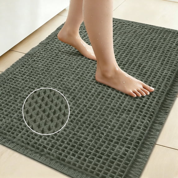 YOCWUCK Waffle Bathroom Rugs Ultra-Soft Non-Slip Bath Mat Super Absorbent Quick Dry Bath Rugs for Bathroom Floor Machine Washable Bathroom Mats with Tassels Boho Bathroom Decor 17"x24" Green