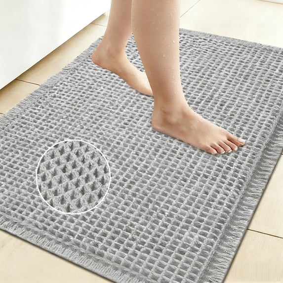 Debonair Waffle Bathroom Rugs Ultra-Soft Non-Slip Bath Mat Super Absorbent Quick Dry Bath Rugs for Bathroom Floor Machine Washable Bathroom Mats with Tassels Boho Bathroom Decor 17"x24" Gray