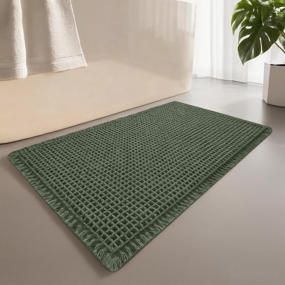 Debonair Waffle Bathroom Rugs Ultra-Soft Non-Slip Bath Mat Super Absorbent Quick Dry Bath Rugs for Bathroom Floor Machine Washable Bathroom Mats with Tassels Boho Bathroom Decor 17"x24" Green
