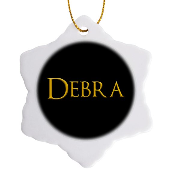 3drose, Debra Beautiful Girl Name in the America. Yellow on Black Talisman, 3 inch Snowflake Porcelain Ornament