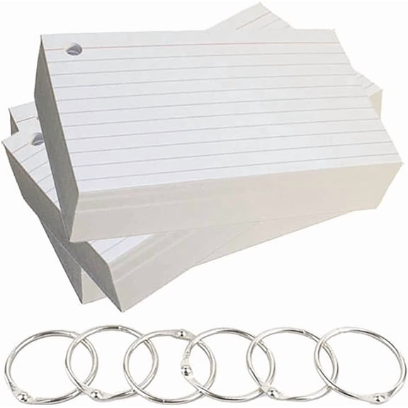 Debra Dale Designs - 5" x 8" Ruled One Side Blank Back Single Hole Punched Premium Extra Heavy 140# Ringed Index Cards With Six Metal Binder Rings - White - 300 Cards - 3 Packages of 100