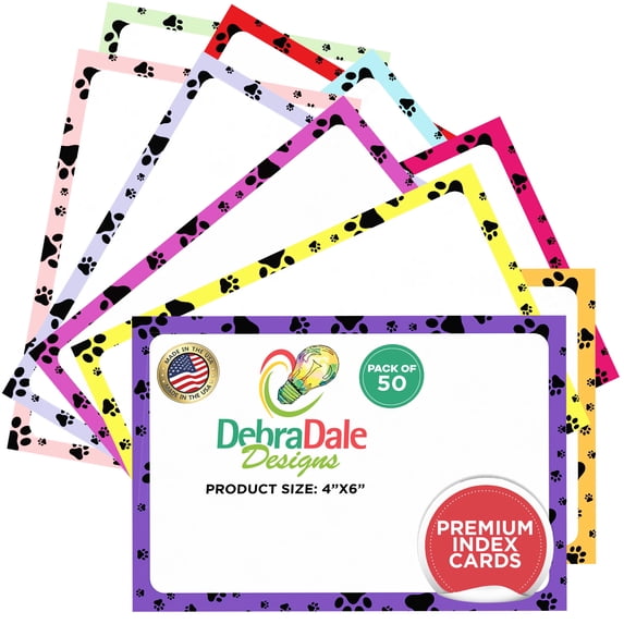 Debra Dale Designs Decorative Border Index Cards | 4 x 6 Unruled Paw Prints | Heavy 140# Index Cardstock | 50 Cards | Great for notes