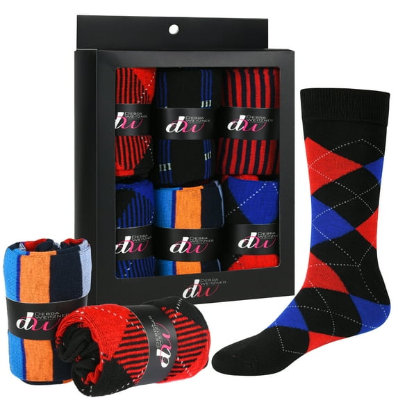 Debra Weitzner 6 Pairs Mens Dress Socks Cotton Colorful Argyle Socks Patterned With Gift Box Red Assorted Size 13-15