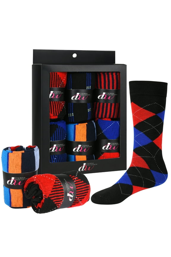 6 Pairs Mens Dress Socks Cotton Colorful Argyle Socks Patterned With Gift Box Red Assorted Size 13-15