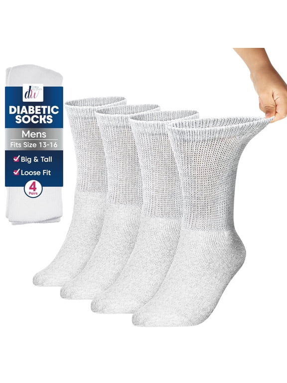Men’s Big and Tall Diabetic Crew Socks, Loose Fit Wide Cotton, Size 13-15, 4 Pairs