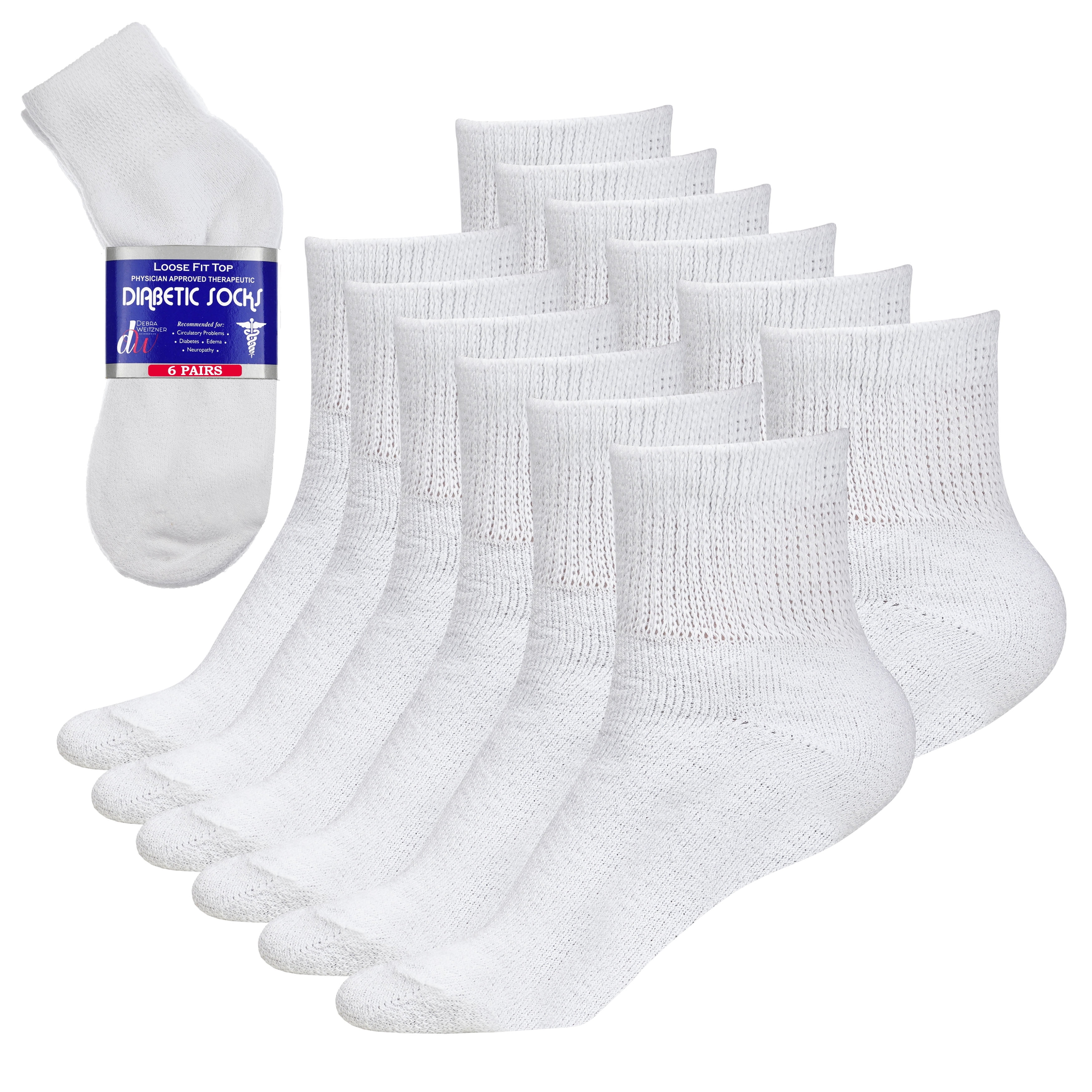 Diabetic Ankle Socks Mens Womens Non-binding Socks Loose Fit, 10/13 White 6-Pair
