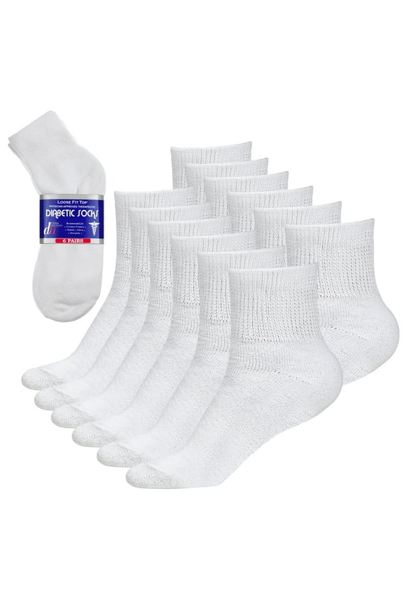 Diabetic Ankle Socks Mens Womens Non-binding Socks Loose Fit, 10/13 White 6-Pair