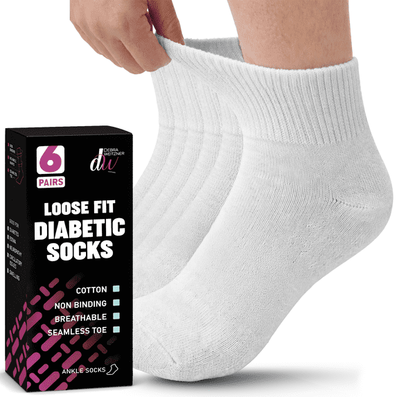 Debra Weitzner Diabetic Ankle Socks Mens Womens Non-binding Socks Loose Fit, 10/13 White 6-Pair