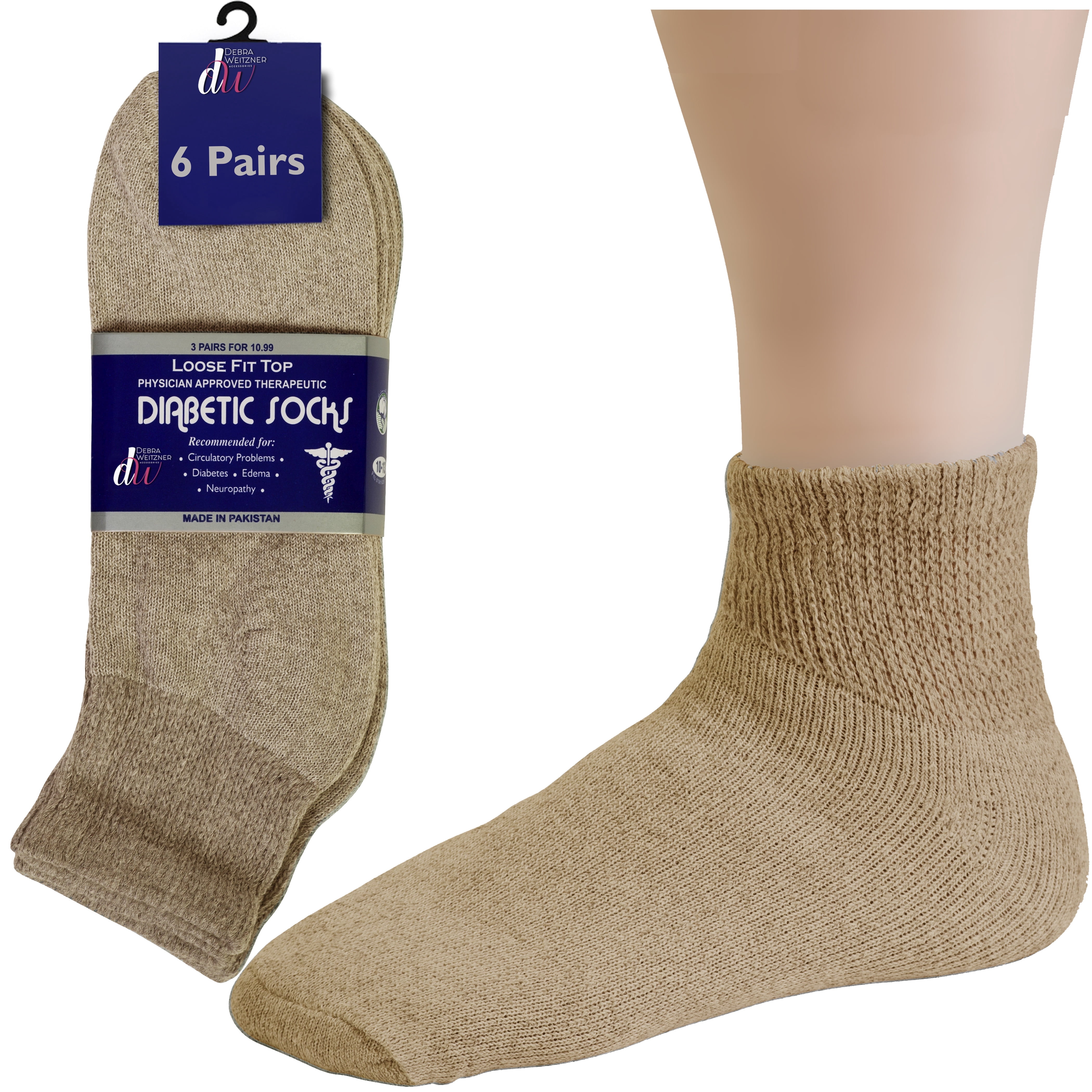 **Debra Weitzner Men’s and Women’s Diabetic Ankle Socks, Non-Binding Loose Fit, Beige, 12 Pairs