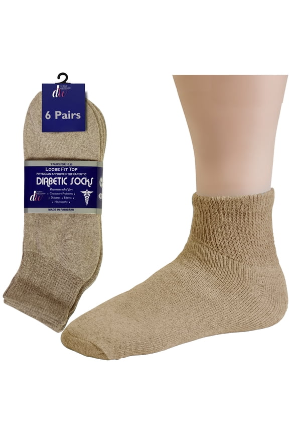Men’s and Women’s Diabetic Ankle Socks, Non-Binding Loose Fit, Beige, 12 Pairs