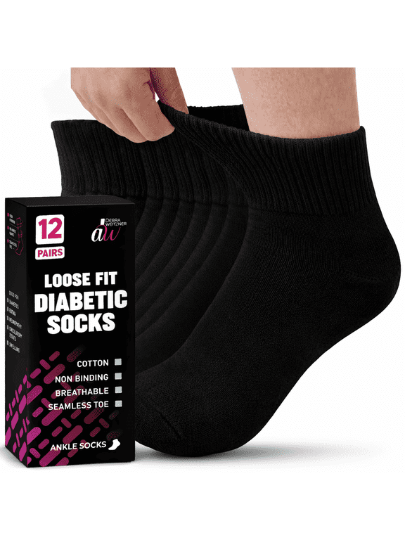 Diabetic Ankle Socks Mens Womens Non-binding Socks Loose Fit 12 Pairs Black