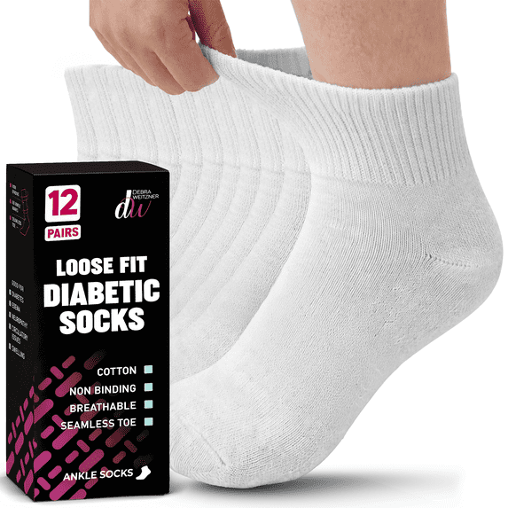 Debra Weitzner Diabetic Ankle Socks Mens Womens Non-binding Socks Loose Fit 12 Pairs White
