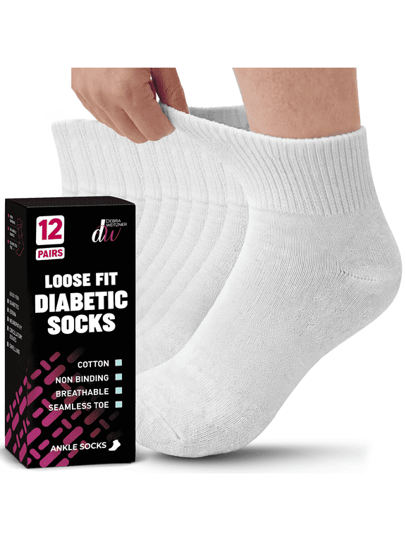 Diabetic Ankle Socks Mens Womens Non-binding Socks Loose Fit 12 Pairs White