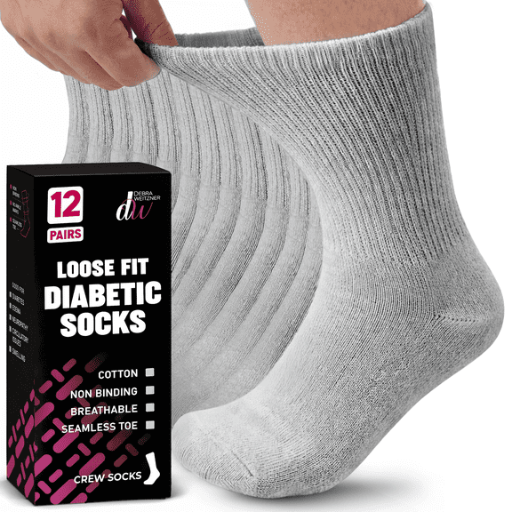 Debra Weitzner Diabetic Crew Socks Mens Womens Non-binding Socks Loose Fit 12 Pairs Grey