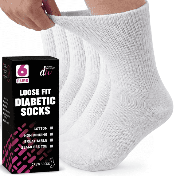 Debra Weitzner Diabetic Socks For Men and Women Loose Fit Non-Binding Cotton Crew Socks 10/13 White 6 Pairs
