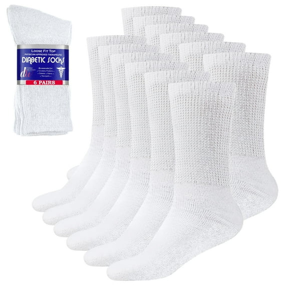 Debra Weitzner Diabetic Socks For Men and Women Loose Fit Non-Binding Cotton Crew Socks 10/13 White 6 Pairs