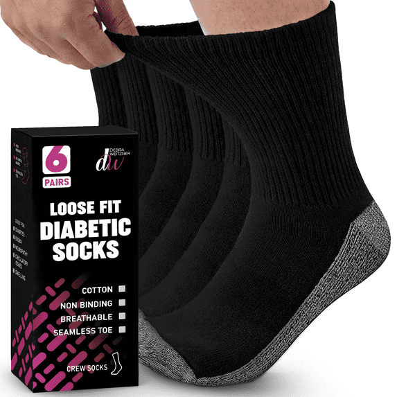 Debra Weitzner Men’s and Women’s Diabetic Crew Socks, Non-Binding Loose Fit Cushion Sole, Size 13-15, Black, 6 Pairs