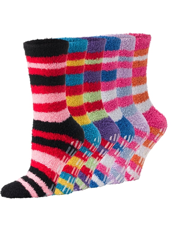 Fuzzy Socks for Women Non-Slip Warm and Cozy Winter, Fleece Plush Slipper - 6 Pairs
