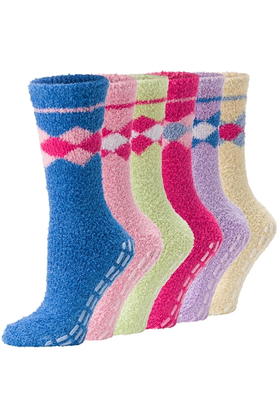Fuzzy Socks for Women Non-Slip Warm and Cozy Winter Socks, Fleece Plush Slipper Socks - 6 Pairs
